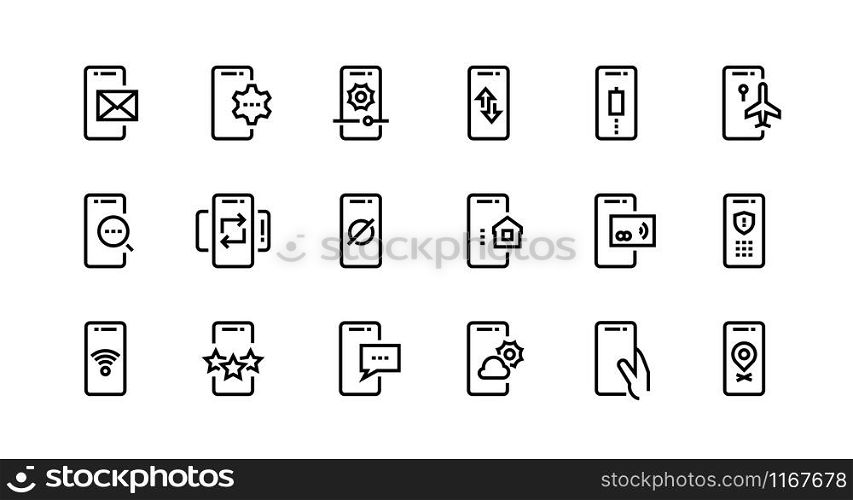 Phone line icons. Mobile device notification and adjustment, wireless pay and secure private data. Vector switch icon smartphone outlines app set for search text notification email. Phone line icons. Mobile device notification and adjustment, wireless pay and secure private data. Vector smartphone app set