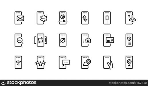 Phone line icons. Mobile device notification and adjustment, wireless pay and secure private data. Vector switch icon smartphone outlines app set for search text notification email. Phone line icons. Mobile device notification and adjustment, wireless pay and secure private data. Vector smartphone app set