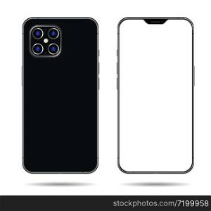 phone mockup with blank screen. Back and front view realistic on white background, new 4 lens