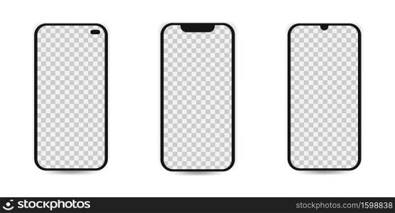 Phone model with transparent screen. Vector illustration. Smartphone mockup set.
