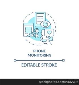 Phone monitoring blue concept icon. Cellphone application to track mobile activity. Employee monitoring abstract idea thin line illustration. Vector isolated outline color drawing. Editable stroke. Phone monitoring blue concept icon