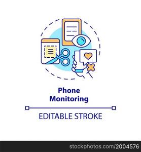 Phone monitoring concept icon. Cellphone application to track mobile activity. Employee monitoring abstract idea thin line illustration. Vector isolated outline color drawing. Editable stroke. Phone monitoring concept icon