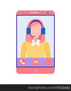 Phone operator, online support, gadget or mobile device screen. Smartphone monitor, woman in headphones, call center worker vector illustration isolated. Phone Operator, Online Support, Gadget Screen