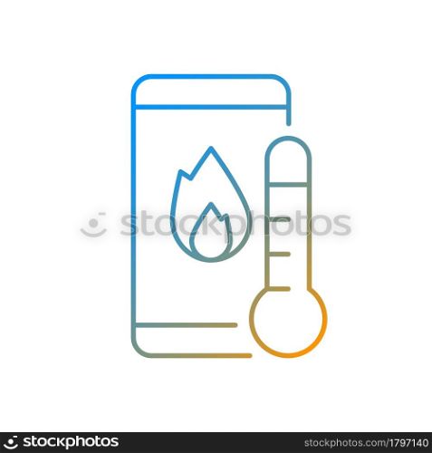 Phone overheating gradient linear vector icon. Mobile phone with fire on screen and thermometer. Hot battery. Thin line color symbols. Modern style pictogram. Vector isolated outline drawing. Phone overheating gradient linear vector icon