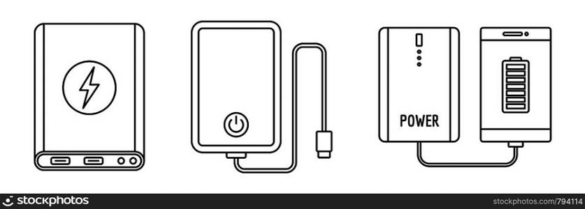 Phone power bank icon set. Outline set of phone power bank vector icons for web design isolated on white background. Phone power bank icon set, outline style