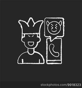 Phone pranking chalk white icon on black background. Telephone phony, hoax , crank call. Joke and trick for fun. Offensive comments. Fake call. Isolated vector chalkboard illustration. Phone pranking chalk white icon on black background