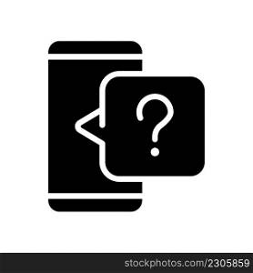 Phone question black glyph icon. Technical support service. Asking question by online chat. Information sharing. Silhouette symbol on white space. Solid pictogram. Vector isolated illustration. Phone question black glyph icon