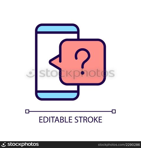 Phone question RGB color icon. Technical support service. Asking question by online chat. Isolated vector illustration. Simple filled line drawing. Editable stroke. Arial font used. Phone question RGB color icon