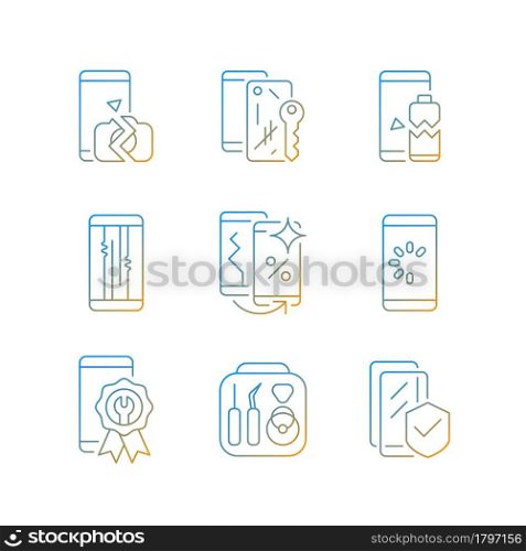 Phone repair gradient linear vector icons set. Device problem and recovery. Network connection and loading issue. Thin line contour symbols bundle. Isolated vector outline illustrations collection. Phone repair gradient linear vector icons set