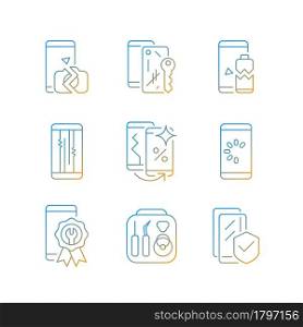 Phone repair gradient linear vector icons set. Device problem and recovery. Network connection and loading issue. Thin line contour symbols bundle. Isolated vector outline illustrations collection. Phone repair gradient linear vector icons set