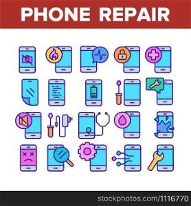 Phone Repair Service Collection Icons Set Vector Thin Line. Mobile Repair, Equipment For Diagnostic And Fixing Smartphone, Broken Screen Concept Linear Pictograms. Color Contour Illustrations. Phone Repair Service Collection Icons Set Vector
