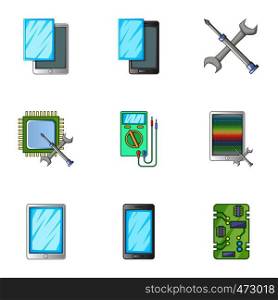 Phone repair servise icons set. Cartoon set of 9 phone repair servise vector icons for web isolated on white background. Phone repair servise icons set, cartoon style
