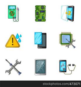 Phone repair tool icons set. Cartoon set of 9 phone repair tool vector icons for web isolated on white background. Phone repair tool icons set, cartoon style