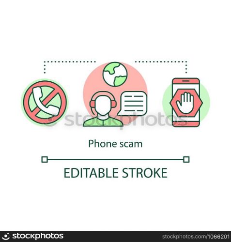 Phone scam icon. Telephone fraud incident idea thin line illustration. Unknown mobile number calls. Tricking and deceiving. Suspicious messages. Vector isolated outline drawing. Editable stroke