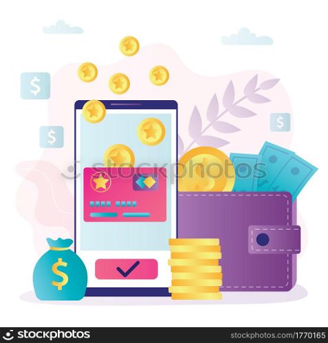 Phone screen with bonus card and cashback for clients. Concept of loyalty program and earning points. Reward program banner. Reward gifts and money for purchases. Trendy flat vector illustration. Phone screen with bonus card and cashback for clients. Concept of loyalty program and earning points