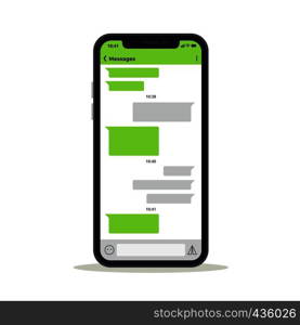 Phone screen with chat discussion messages vector template. Social network concept. Chat message and discussion on phone mobile screen illustration. Phone screen with chat discussion messages vector template. Social network concept