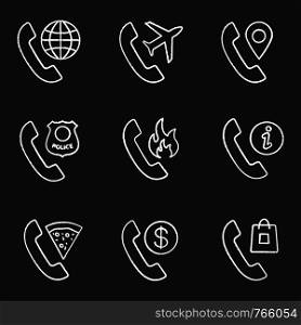 Phone services chalk icons set. Calls abroad, roaming, phone tracking, call the police, hotline, infocenter, pizza delivery, tariff, shopping. Isolated vector chalkboard illustrations. Phone services chalk icons set