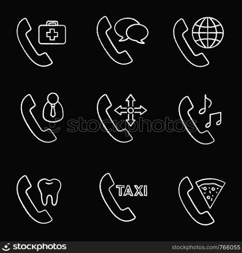 Phone services chalk icons set. Doctor appointment, phone talk, roaming, customer service, delivery, ringtone, dentistry call, taxi ordering, pizza delivery. Isolated vector chalkboard illustrations. Phone services chalk icons set