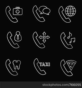 Phone services chalk icons set. Doctor appointment, phone talk, roaming, customer service, delivery, ringtone, dentistry call, taxi ordering, pizza delivery. Isolated vector chalkboard illustrations. Phone services chalk icons set