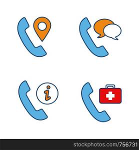 Phone services color icons set. Call tracking, conversation, infocenter, doctor appointment. Isolated vector illustrations. Phone services color icons set
