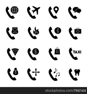 Phone services glyph icons set. Landline phone calls. Emergency, delivery, customer support, roaming, taxi services. Telephone handset. Making calls. Silhouette symbols. Vector isolated illustration. Phone services glyph icons set
