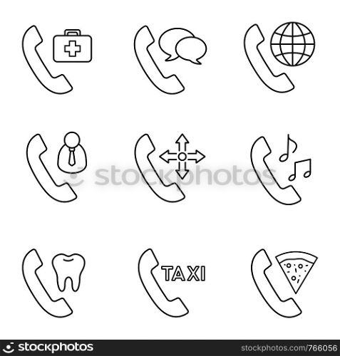 Phone services linear icons set. Doctor appointment, phone talk, roaming, customer service, delivery, ringtone, dentistry, taxi, pizza delivery. Isolated vector outline illustrations. Editable stroke. Phone services linear icons set