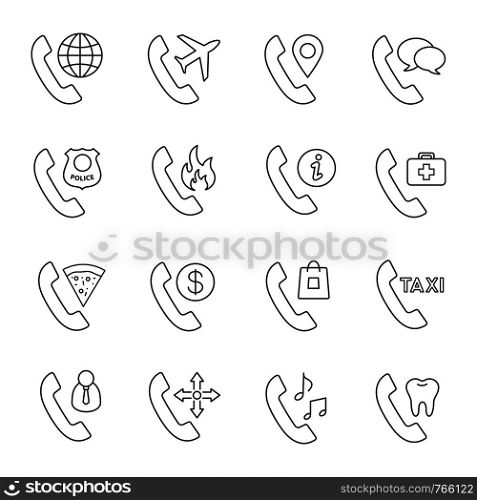 Phone services linear icons set. Landline phone calls. Emergency, delivery, customer support, roaming, taxi. Telephone handset. Making calls. Isolated vector outline illustrations. Editable stroke. Phone services linear icons set