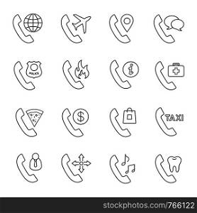 Phone services linear icons set. Landline phone calls. Emergency, delivery, customer support, roaming, taxi. Telephone handset. Making calls. Isolated vector outline illustrations. Editable stroke. Phone services linear icons set