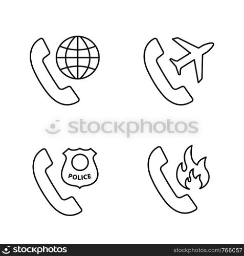 Phone services linear icons set. Roaming, calls abroad, hotline support, call the police. Thin line contour symbols. Isolated vector outline illustrations. Editable stroke. Phone services linear icons set