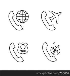 Phone services linear icons set. Roaming, calls abroad, hotline support, call the police. Thin line contour symbols. Isolated vector outline illustrations. Editable stroke. Phone services linear icons set