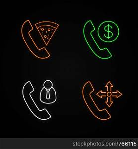 Phone services neon light icons set. Pizza delivery, customer service, phone charges. Glowing signs. Vector isolated illustrations. Phone services neon light icons set