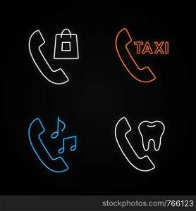 Phone services neon light icons set. Shopping, taxi ordering, ringtone, dentist appointment. Glowing signs. Vector isolated illustrations. Phone services neon light icons set