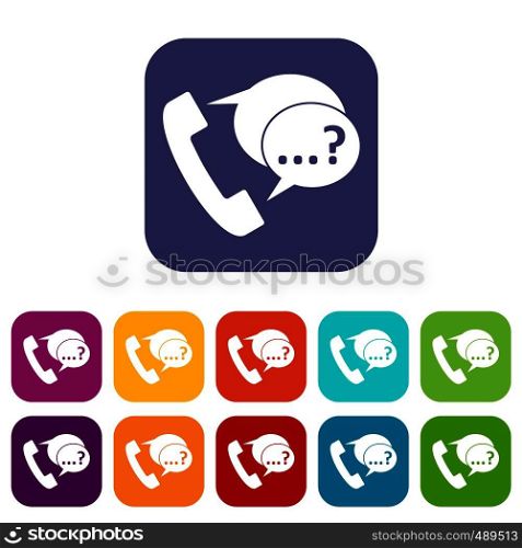 Phone sign and support speech bubbles sign icons set vector illustration in flat style in colors red, blue, green, and other. Phone sign and support speech bubbles icons set