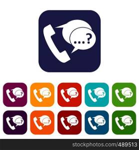 Phone sign and support speech bubbles sign icons set vector illustration in flat style in colors red, blue, green, and other. Phone sign and support speech bubbles icons set