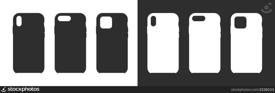 Phone silicone case. Smartphone cover. Mockup of silicone Phone case. Mock up of cellphone hard covers. Different black and white mockups isolated on white background. Vector.