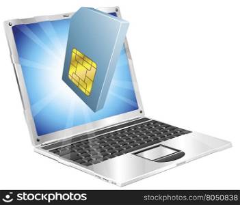 Phone SIM card icon coming out of laptop screen concept