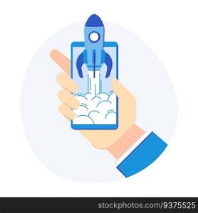 Phone startup concept. Cellphone rocketship for new product development release. Online marketer business startup or phone app development. Flat vector illustration. Phone startup concept. Cellphone rocketship for new product development release. Flat vector illustration