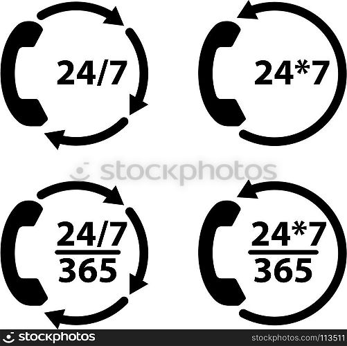 Phone Support Icon, Responsive 24/7, Twenty Four Hours A Day Throughout The Year Vector Art Illustration