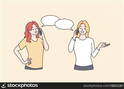 Phone talk, communication, chatting concept. Two young positive women friends having conversation cellphone dialog chatting about things vector illustration. Phone talk, communication, chatting concept