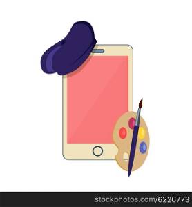 Phone to Costume the Artist Design Flat. Phone to costume the artist design flat. Digital device in the form of a smartphone painter artist. Phone in fashion hat with a palette isolated on white background in flat style. Vector illustration