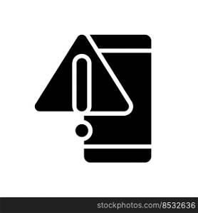 Phone warning black glyph icon. Mobile phone breakage. Smartphone touchscreen issue. Portable device. Silhouette symbol on white space. Solid pictogram. Vector isolated illustration. Phone warning black glyph icon