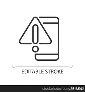 Phone warning pixel perfect linear icon. Mobile phone breakage. Smartphone touchscreen issue. Thin line illustration. Contour symbol. Vector outline drawing. Editable stroke. Arial font used. Phone warning pixel perfect linear icon