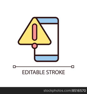 Phone warning pixel perfect RGB color icon. Mobile phone breakage. Smartphone touchscreen issue. Isolated vector illustration. Simple filled line drawing. Editable stroke. Arial font used. Phone warning pixel perfect RGB color icon