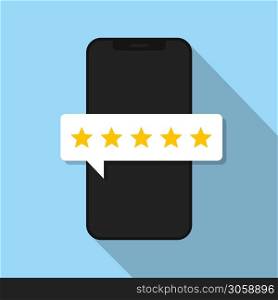 Phone with bubble rating. Vector isolated illustration. Quality stars rating. Feedback concept. Positive review. 5 stars assessment of customer in flat style. Stock vector. EPS 10