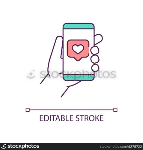 Phone with massage from dating app RGB color icon. Hand holding smartphone. Find love online. Isolated vector illustration. Simple filled line drawing. Editable stroke. Arial font used. Phone with massage from dating app RGB color icon