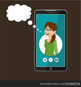 Phone with open window of a messenger. Social network. Online communication. Vector illustration