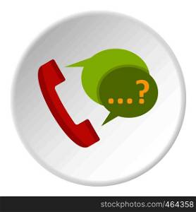 Phone with question mark speech bubble icon in flat circle isolated vector illustration for web. Phone with question mark speech bubble icon circle