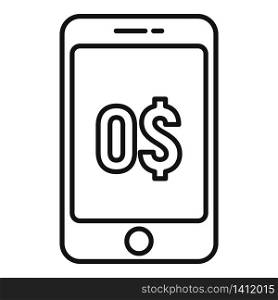 Phone zero cash icon. Outline phone zero cash vector icon for web design isolated on white background. Phone zero cash icon, outline style