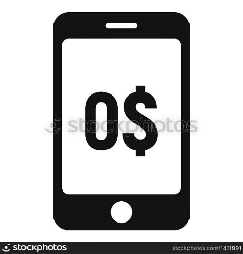 Phone zero cash icon. Simple illustration of phone zero cash vector icon for web design isolated on white background. Phone zero cash icon, simple style