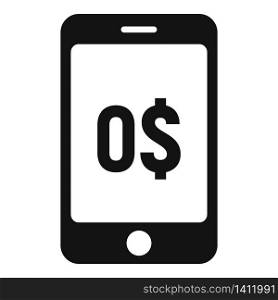 Phone zero cash icon. Simple illustration of phone zero cash vector icon for web design isolated on white background. Phone zero cash icon, simple style